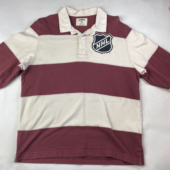 VINTAGE NHL HOCKEY Rugby POLO SHIRT! Long Sleeve Embroidered Maroon Striped Sz M - Picture 2 of 16